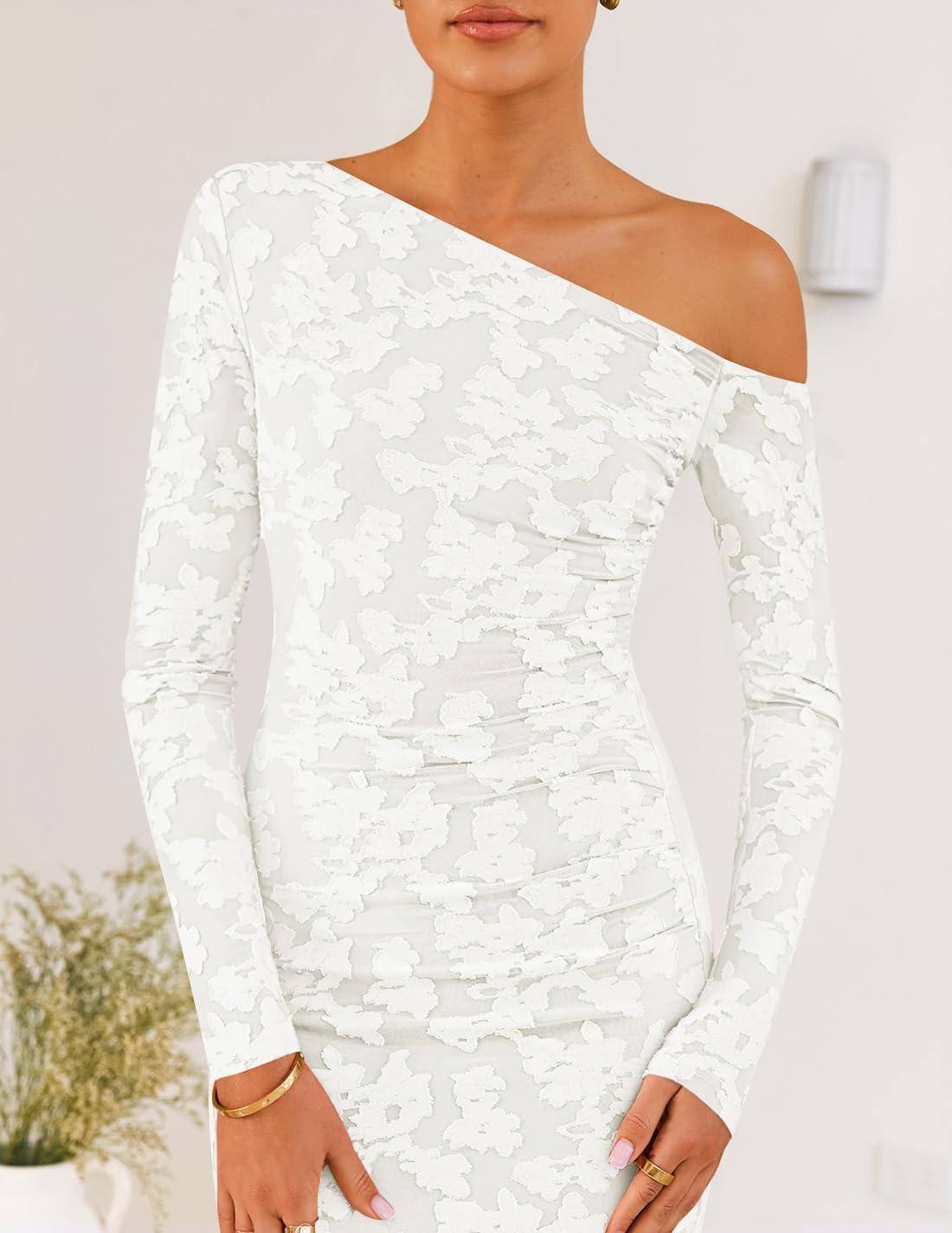 imageZESICA Womens Fall Floral Off Shoulder Bodycon Maxi Dresses 2025 Long Sleeve Ruched Elegant Cocktail Party DressWhite