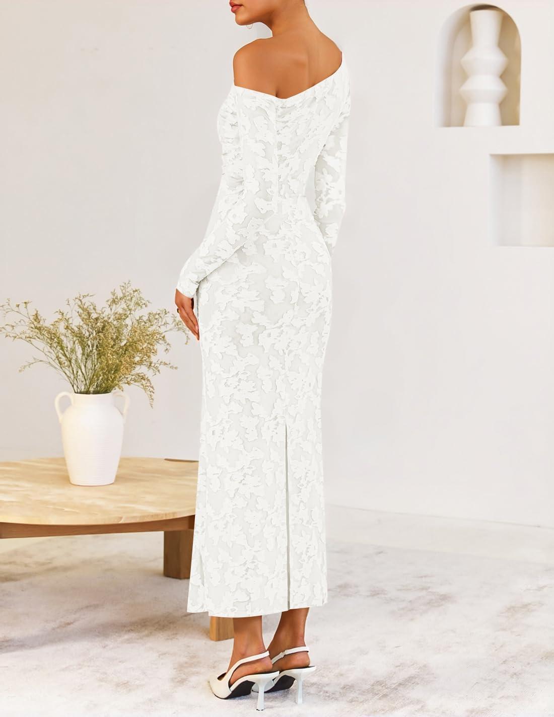 imageZESICA Womens Fall Floral Off Shoulder Bodycon Maxi Dresses 2025 Long Sleeve Ruched Elegant Cocktail Party DressWhite