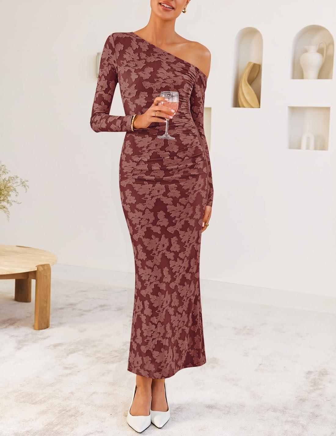 imageZESICA Womens Fall Floral Off Shoulder Bodycon Maxi Dresses 2025 Long Sleeve Ruched Elegant Cocktail Party DressWinered