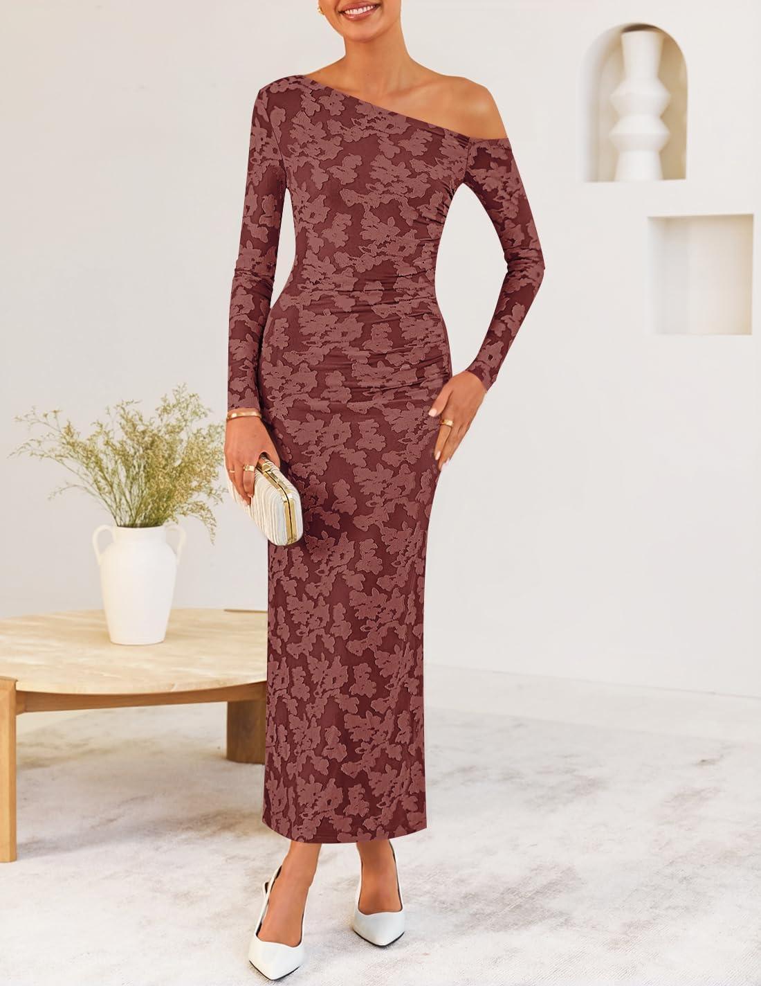 imageZESICA Womens Fall Floral Off Shoulder Bodycon Maxi Dresses 2025 Long Sleeve Ruched Elegant Cocktail Party DressWinered
