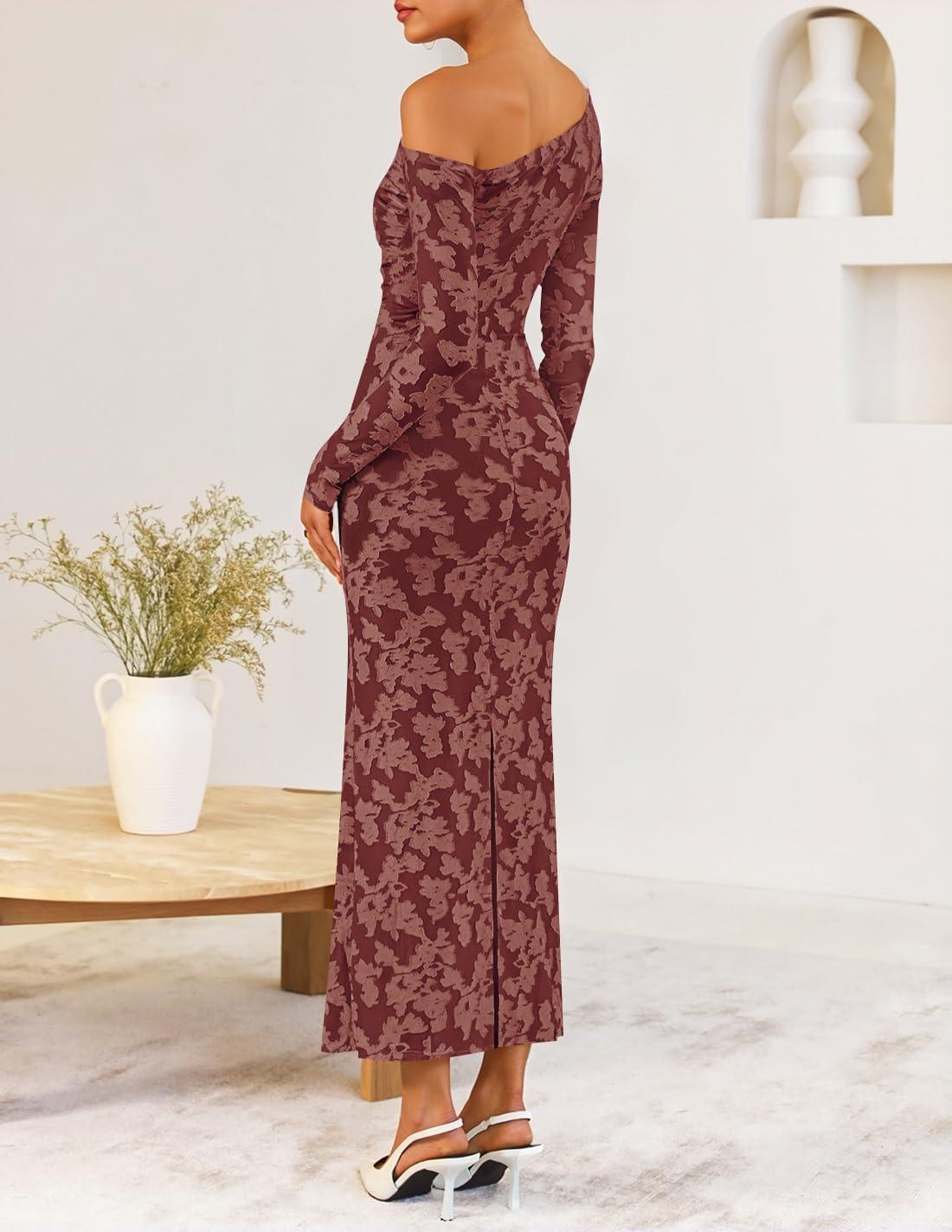 imageZESICA Womens Fall Floral Off Shoulder Bodycon Maxi Dresses 2025 Long Sleeve Ruched Elegant Cocktail Party DressWinered