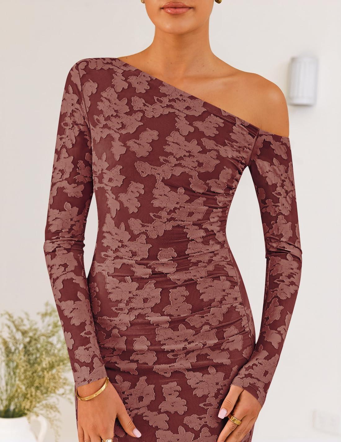 imageZESICA Womens Fall Floral Off Shoulder Bodycon Maxi Dresses 2025 Long Sleeve Ruched Elegant Cocktail Party DressWinered