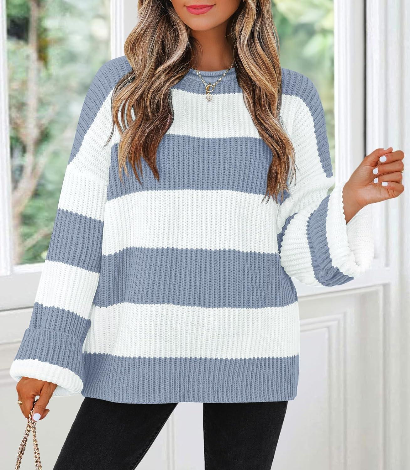 imageZESICA Womens Fall Long Sleeve Crew Neck Striped Color Block Comfy Loose Oversized Knitted Pullover SweaterBlue