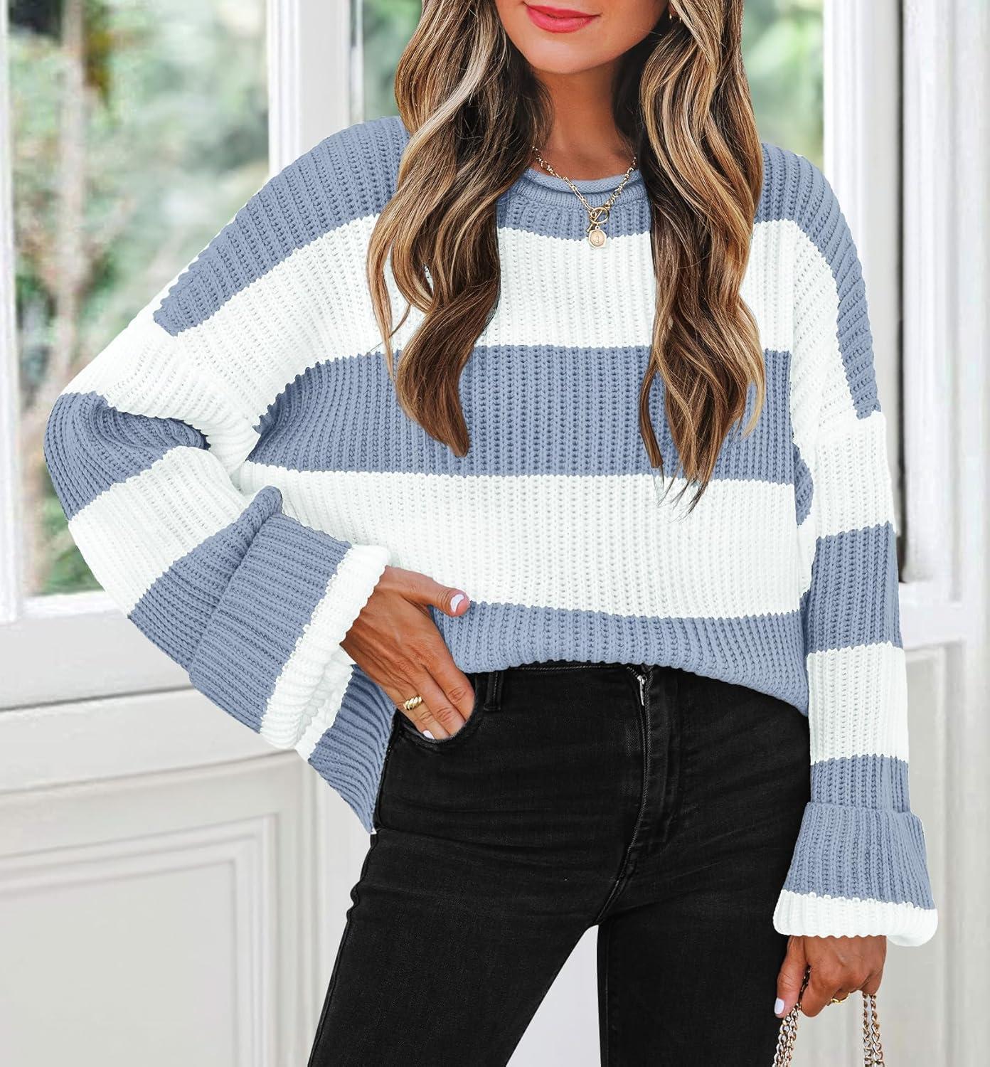 imageZESICA Womens Fall Long Sleeve Crew Neck Striped Color Block Comfy Loose Oversized Knitted Pullover SweaterBlue