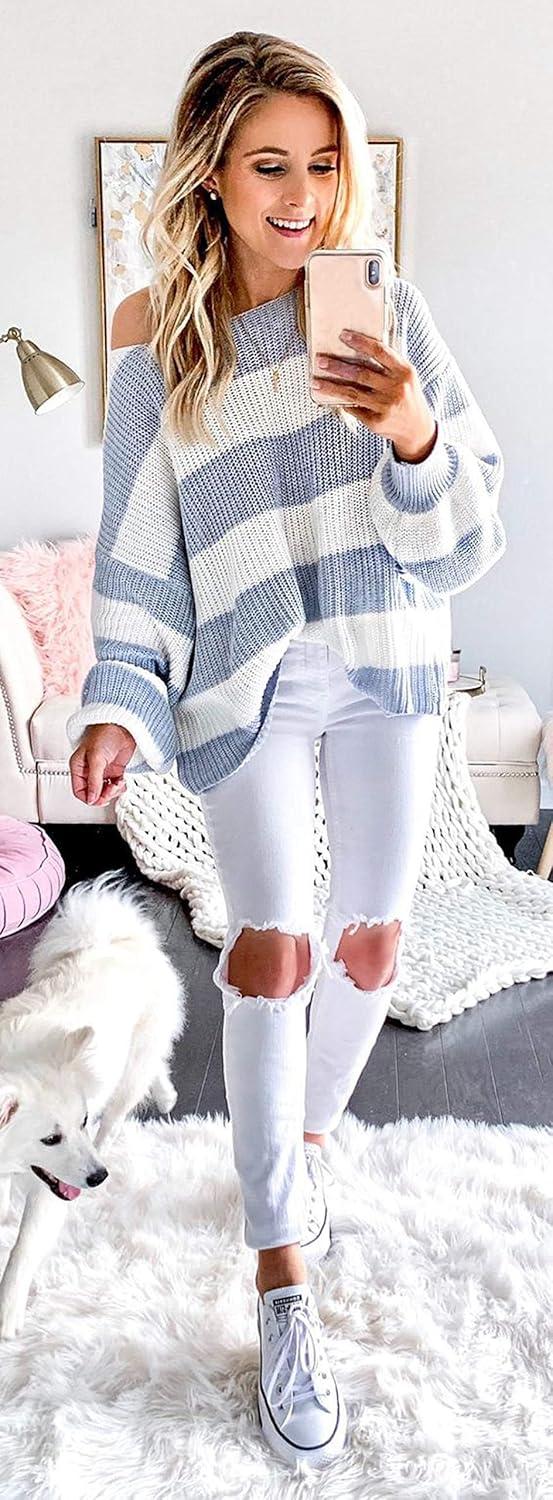 imageZESICA Womens Fall Long Sleeve Crew Neck Striped Color Block Comfy Loose Oversized Knitted Pullover SweaterBlue