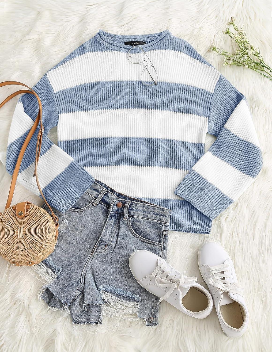 imageZESICA Womens Fall Long Sleeve Crew Neck Striped Color Block Comfy Loose Oversized Knitted Pullover SweaterBlue