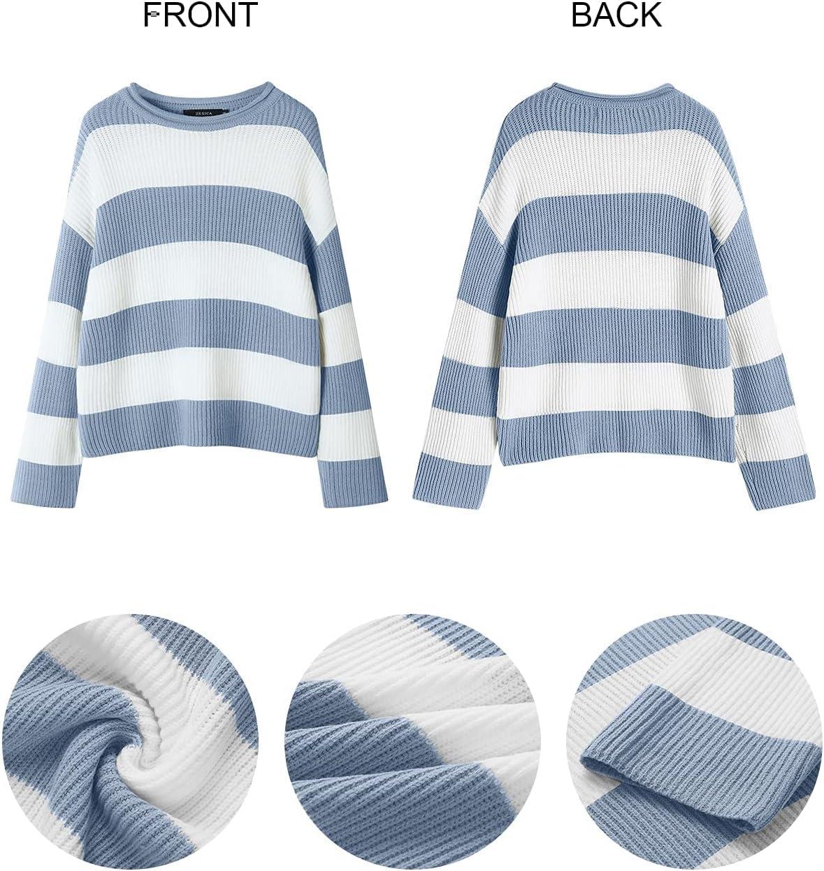 imageZESICA Womens Fall Long Sleeve Crew Neck Striped Color Block Comfy Loose Oversized Knitted Pullover SweaterBlue
