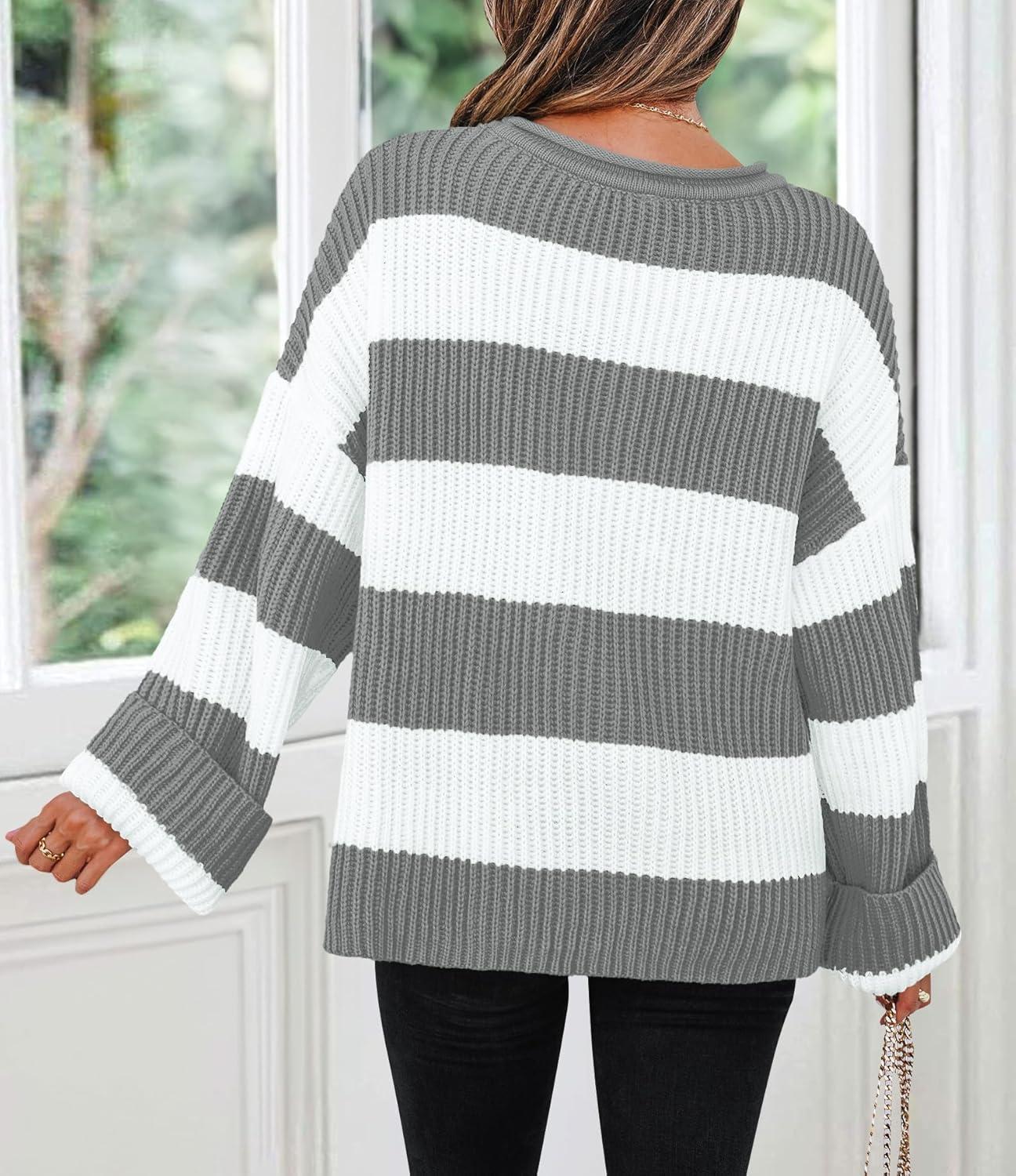 imageZESICA Womens Fall Long Sleeve Crew Neck Striped Color Block Comfy Loose Oversized Knitted Pullover SweaterGrey