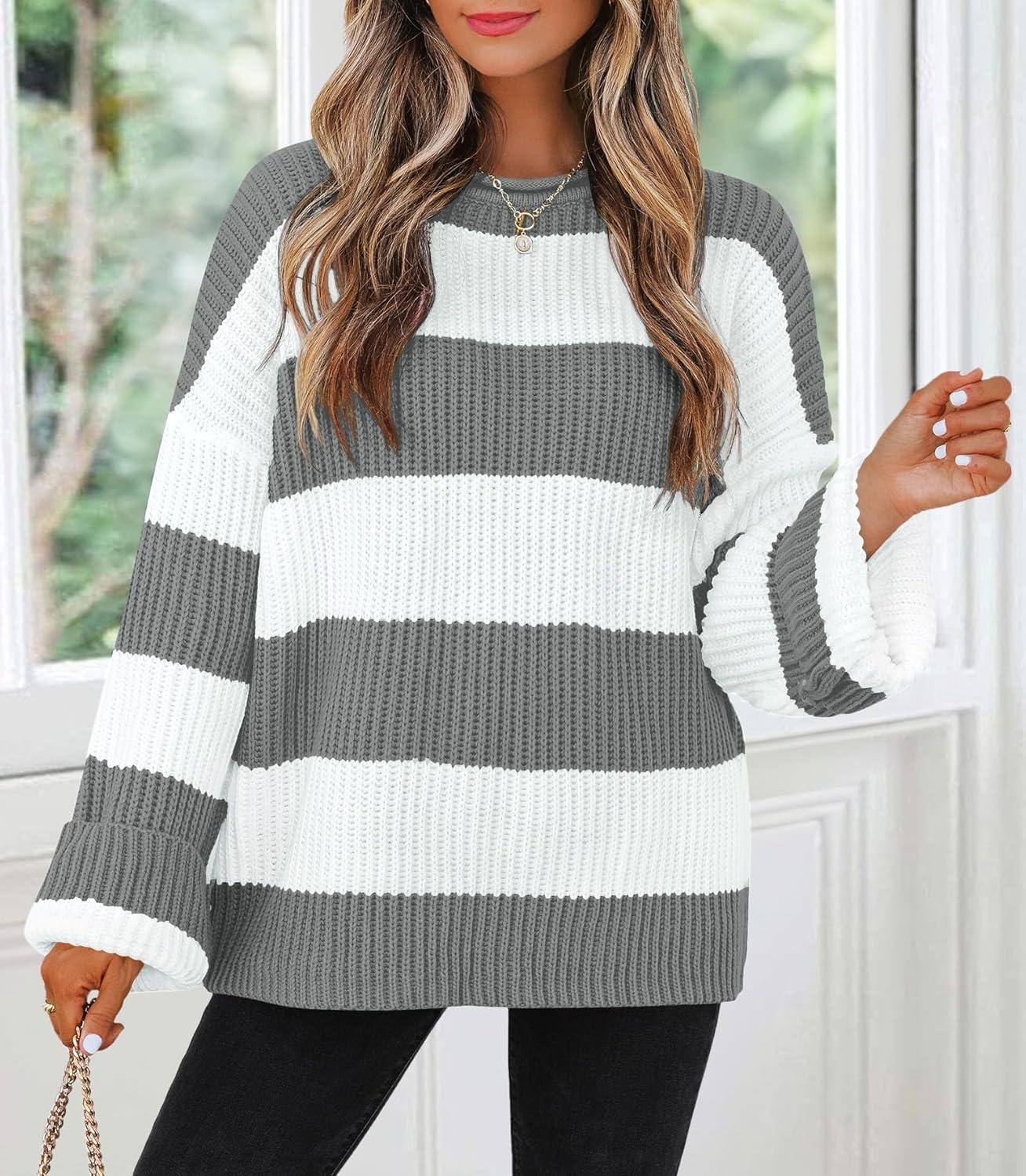 imageZESICA Womens Fall Long Sleeve Crew Neck Striped Color Block Comfy Loose Oversized Knitted Pullover SweaterGrey