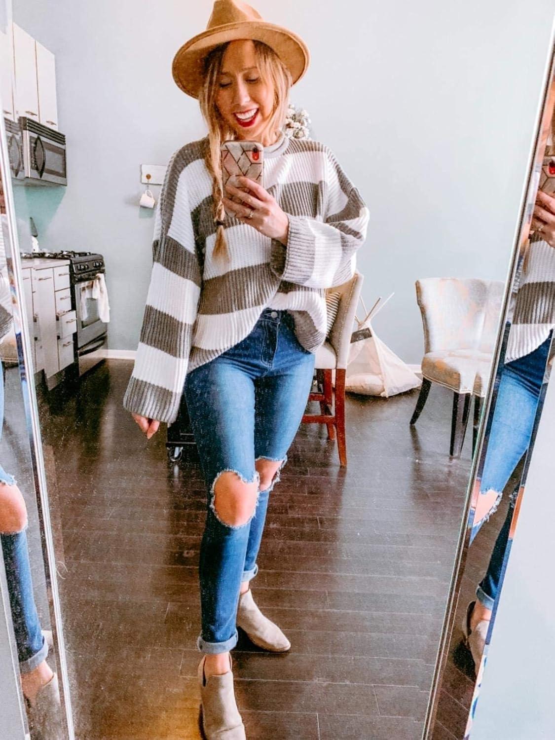 imageZESICA Womens Fall Long Sleeve Crew Neck Striped Color Block Comfy Loose Oversized Knitted Pullover SweaterGrey