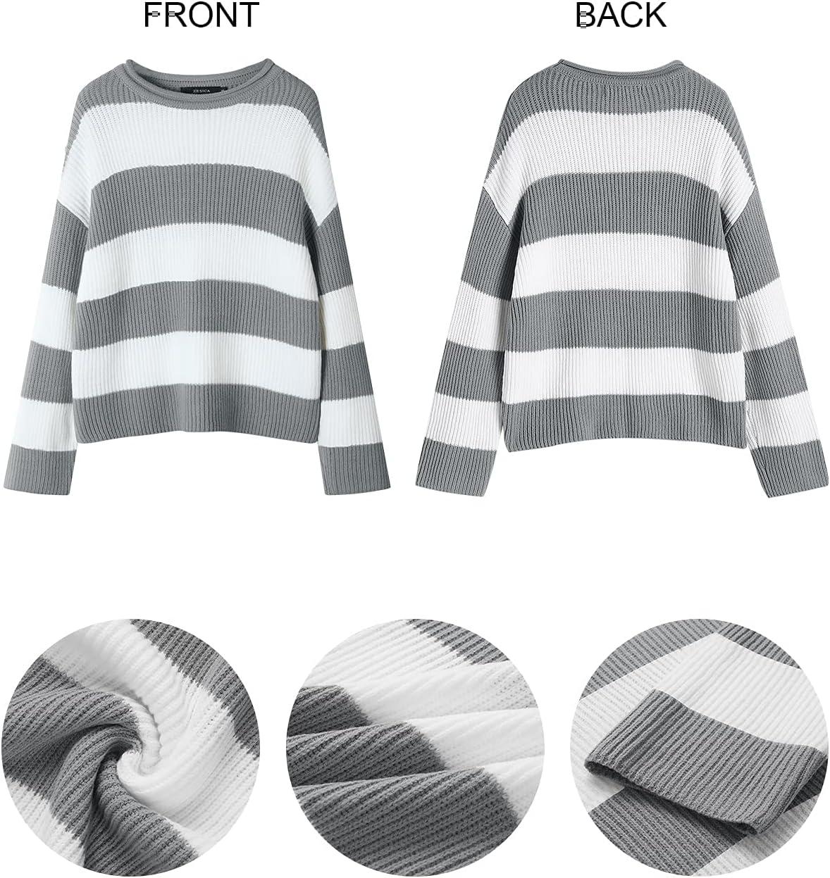imageZESICA Womens Fall Long Sleeve Crew Neck Striped Color Block Comfy Loose Oversized Knitted Pullover SweaterGrey