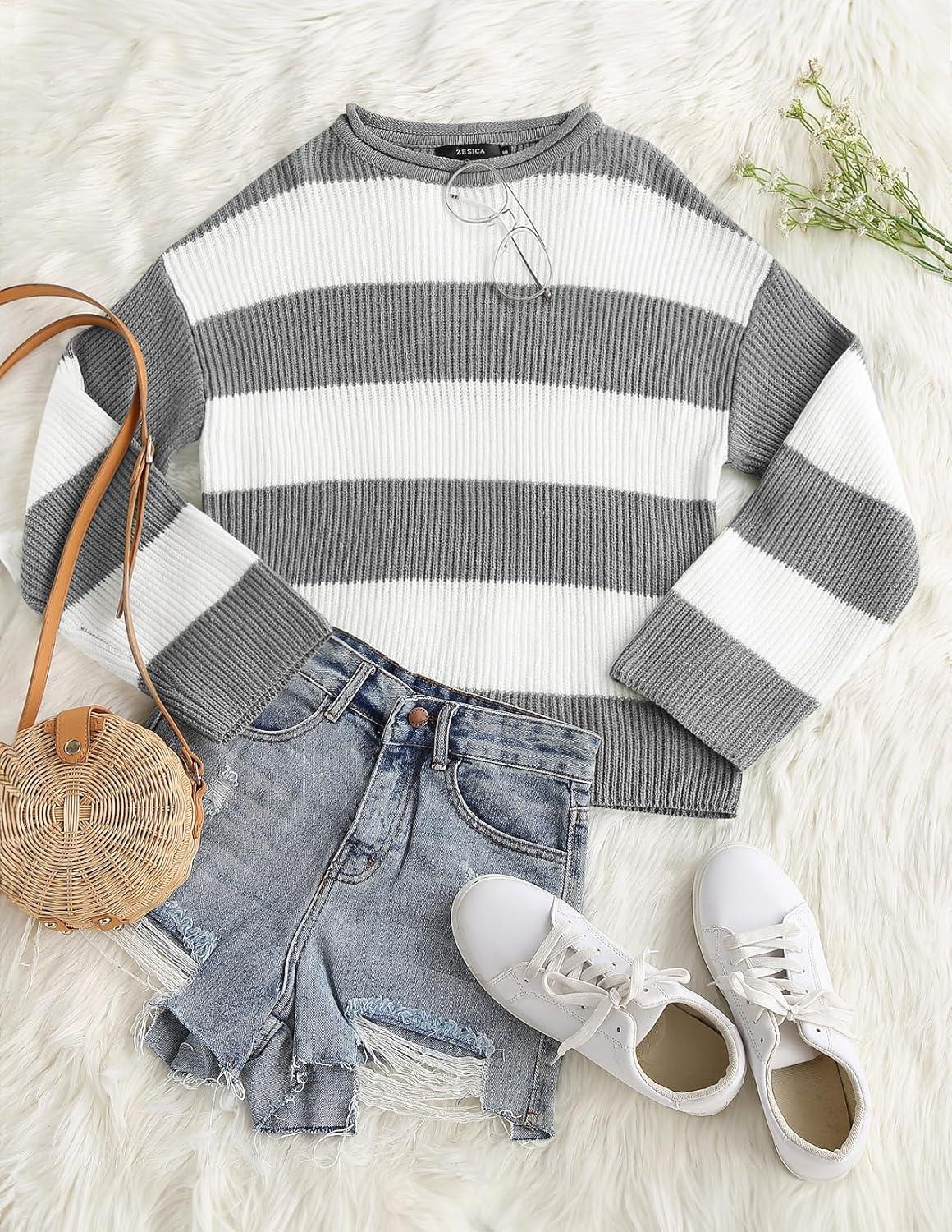 imageZESICA Womens Fall Long Sleeve Crew Neck Striped Color Block Comfy Loose Oversized Knitted Pullover SweaterGrey
