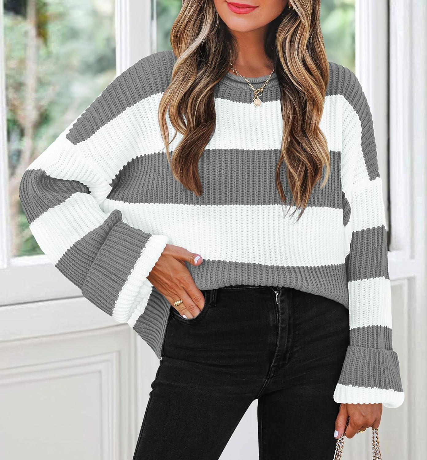imageZESICA Womens Fall Long Sleeve Crew Neck Striped Color Block Comfy Loose Oversized Knitted Pullover SweaterGrey