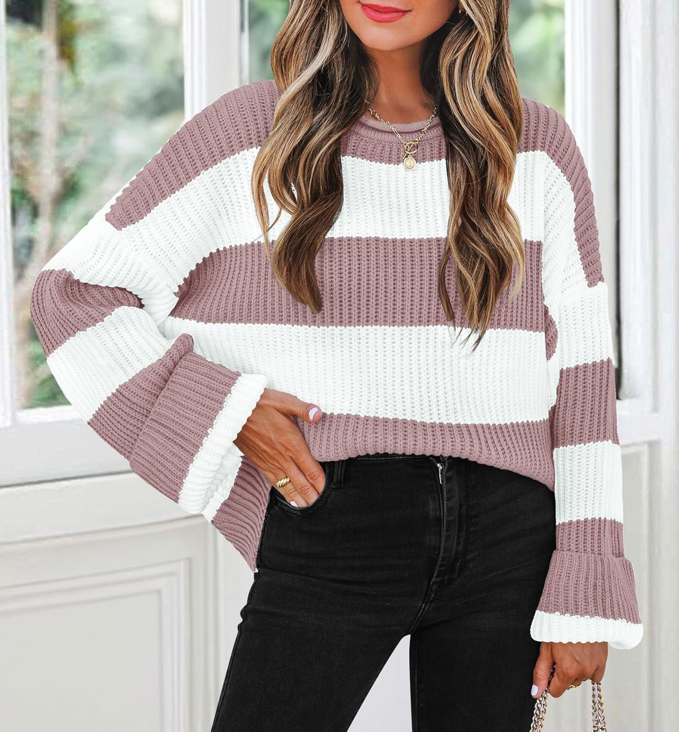 imageZESICA Womens Fall Long Sleeve Crew Neck Striped Color Block Comfy Loose Oversized Knitted Pullover SweaterPink