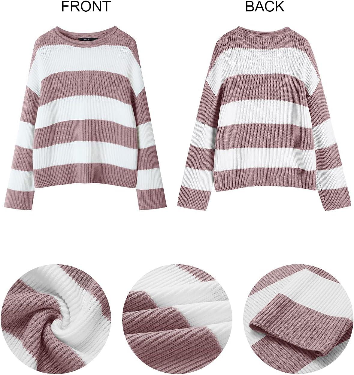 imageZESICA Womens Fall Long Sleeve Crew Neck Striped Color Block Comfy Loose Oversized Knitted Pullover SweaterPink