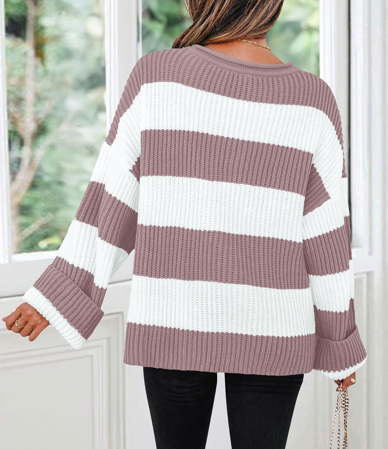 imageZESICA Womens Fall Long Sleeve Crew Neck Striped Color Block Comfy Loose Oversized Knitted Pullover SweaterPink