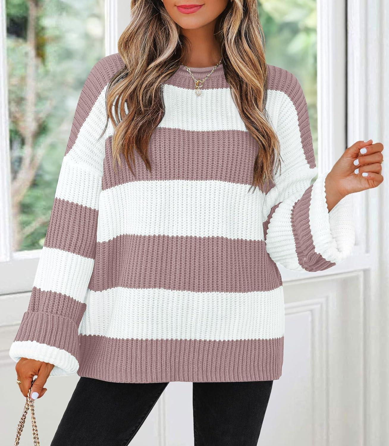 imageZESICA Womens Fall Long Sleeve Crew Neck Striped Color Block Comfy Loose Oversized Knitted Pullover SweaterPink
