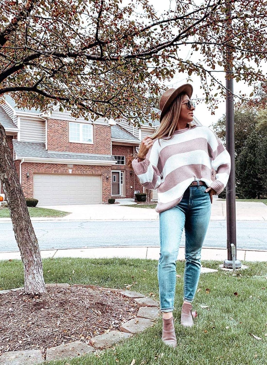imageZESICA Womens Fall Long Sleeve Crew Neck Striped Color Block Comfy Loose Oversized Knitted Pullover SweaterPink