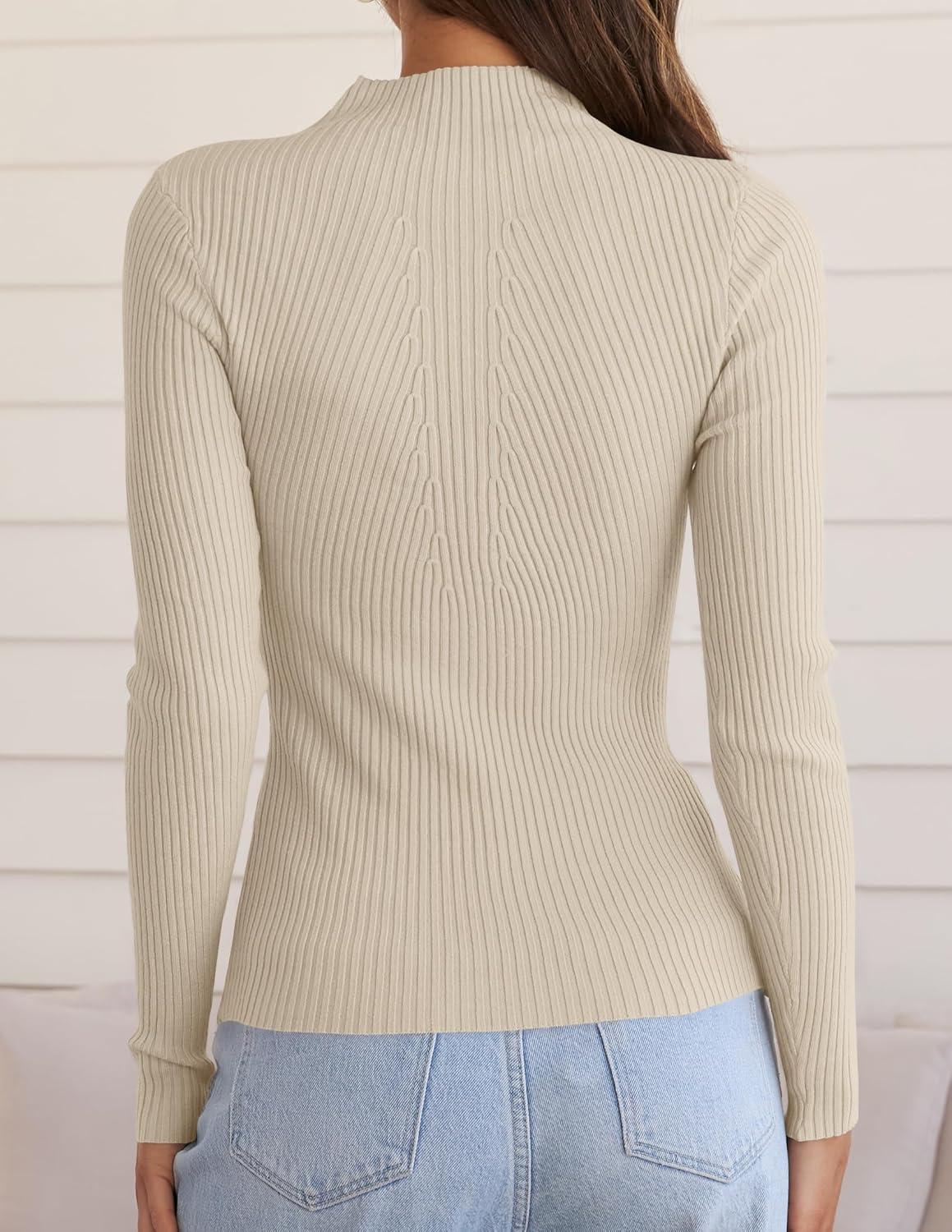 imageZESICA Womens Fall Long Sleeve Turtleneck T Shirt Ribbed Knit Sweater Slim Fit Basic Casual Tee TopsAlmond