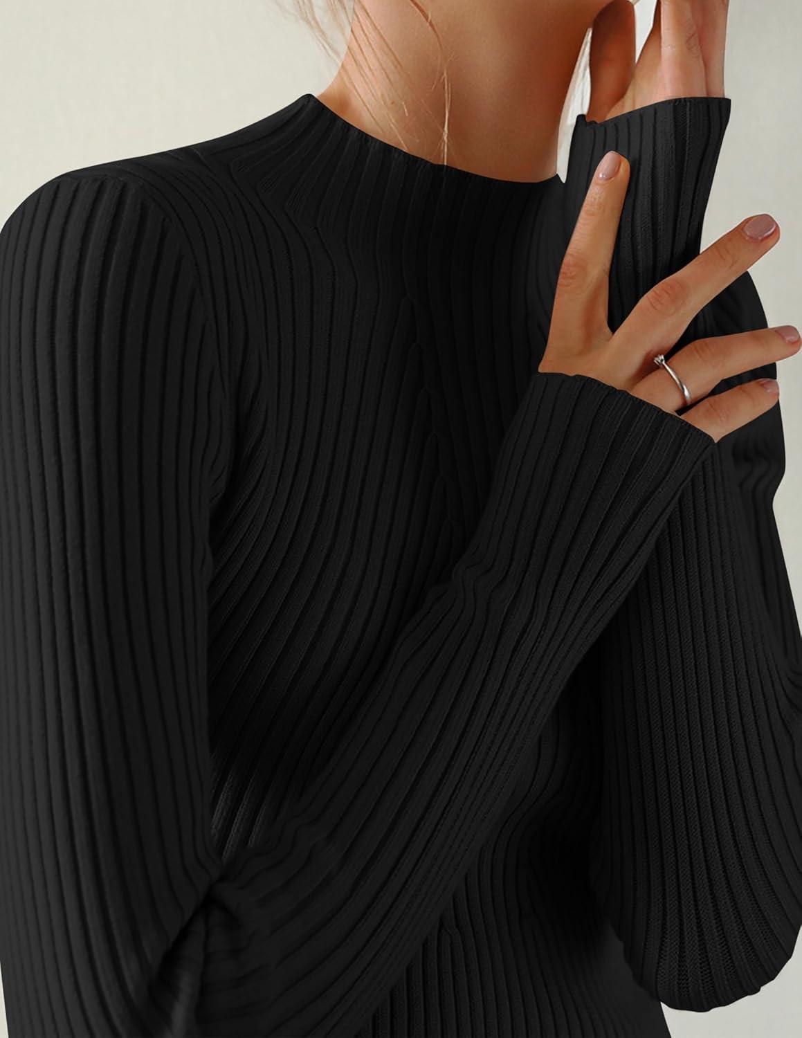 imageZESICA Womens Fall Long Sleeve Turtleneck T Shirt Ribbed Knit Sweater Slim Fit Basic Casual Tee TopsBlack