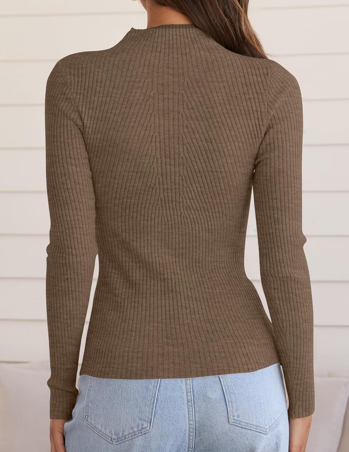 imageZESICA Womens Fall Long Sleeve Turtleneck T Shirt Ribbed Knit Sweater Slim Fit Basic Casual Tee TopsCamel