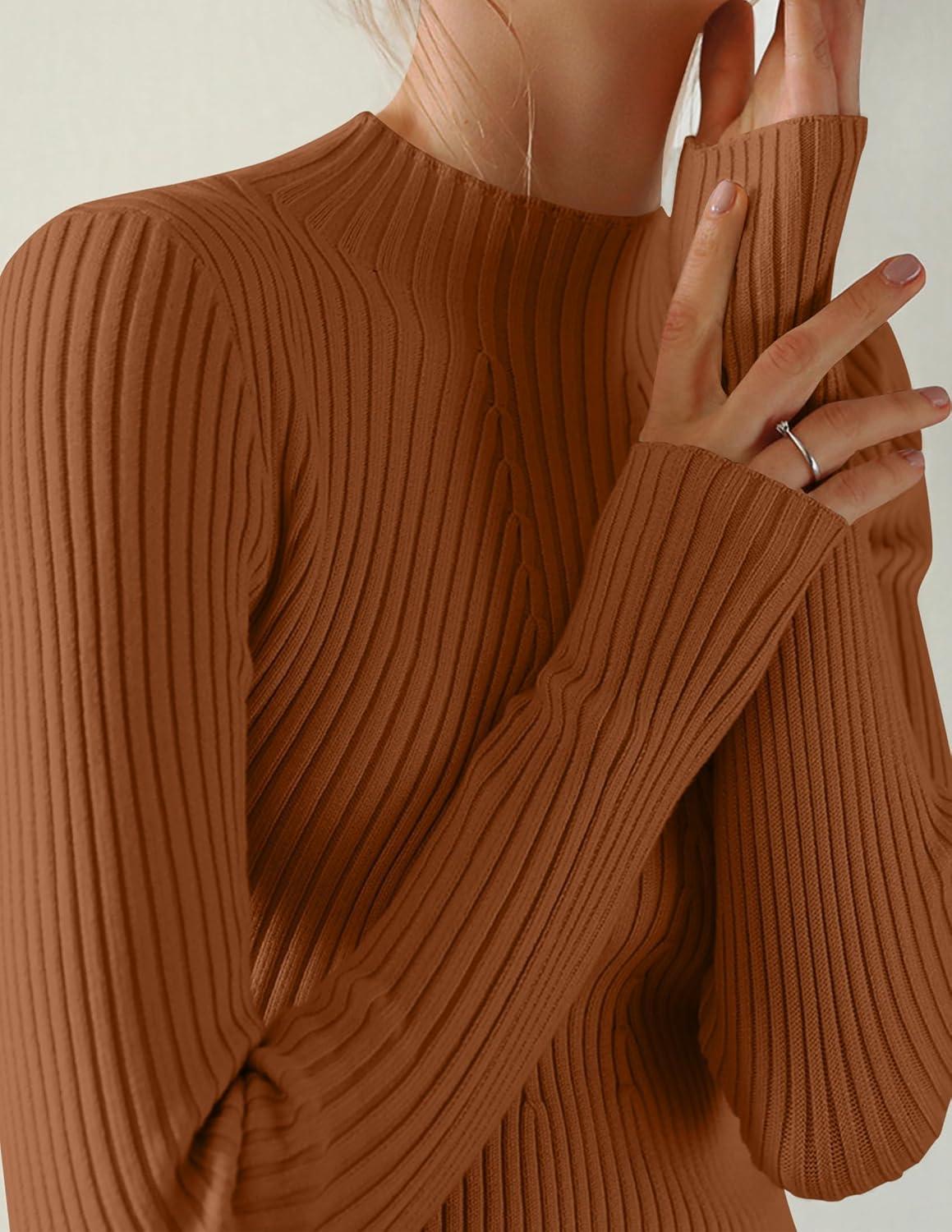 imageZESICA Womens Fall Long Sleeve Turtleneck T Shirt Ribbed Knit Sweater Slim Fit Basic Casual Tee TopsCaramel