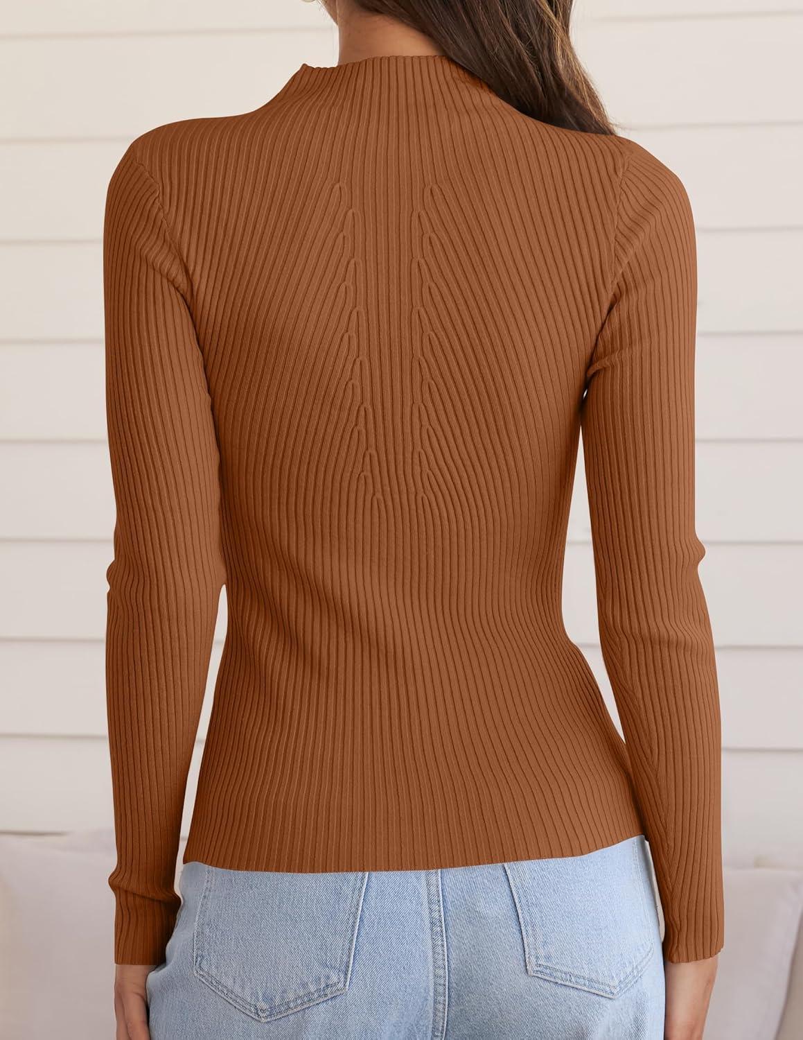 imageZESICA Womens Fall Long Sleeve Turtleneck T Shirt Ribbed Knit Sweater Slim Fit Basic Casual Tee TopsCaramel