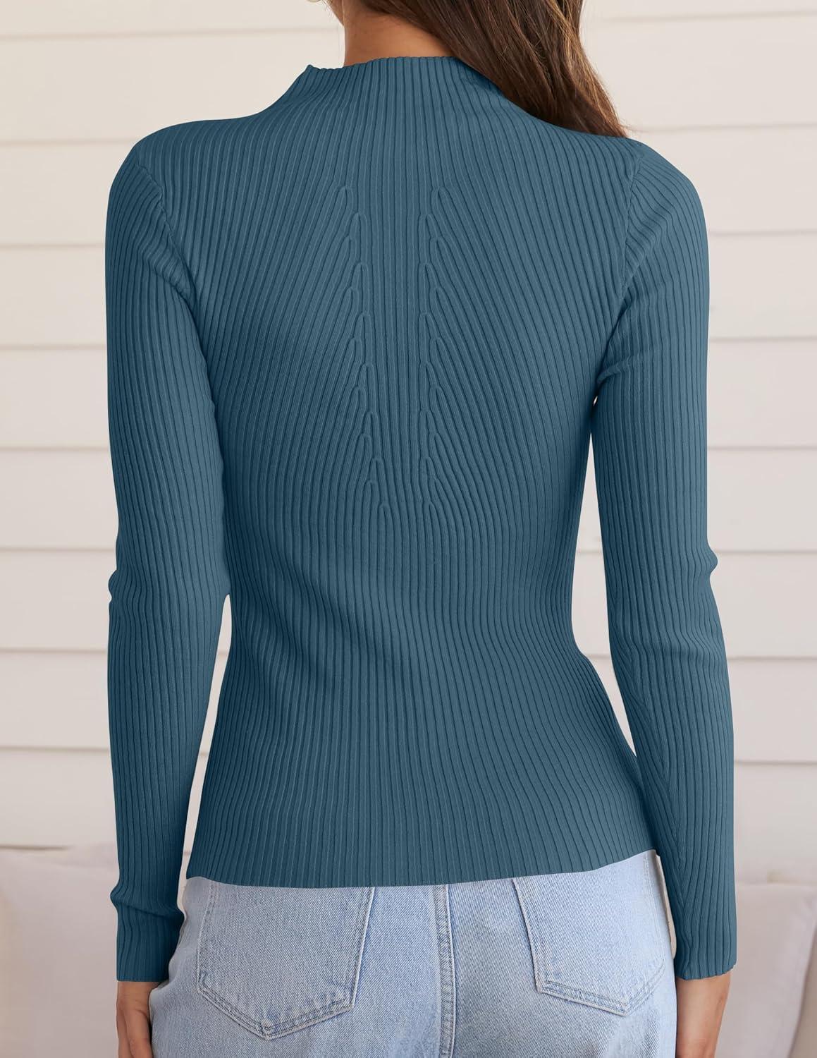 imageZESICA Womens Fall Long Sleeve Turtleneck T Shirt Ribbed Knit Sweater Slim Fit Basic Casual Tee TopsDarkblue