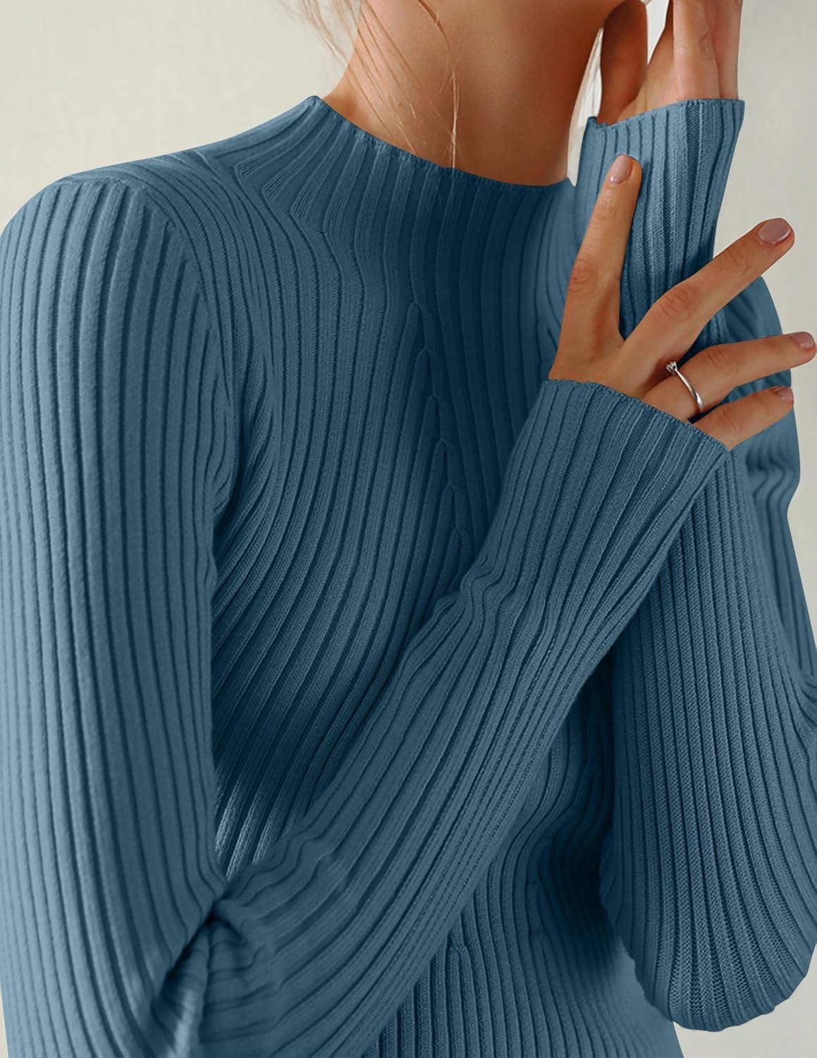 imageZESICA Womens Fall Long Sleeve Turtleneck T Shirt Ribbed Knit Sweater Slim Fit Basic Casual Tee TopsDarkblue