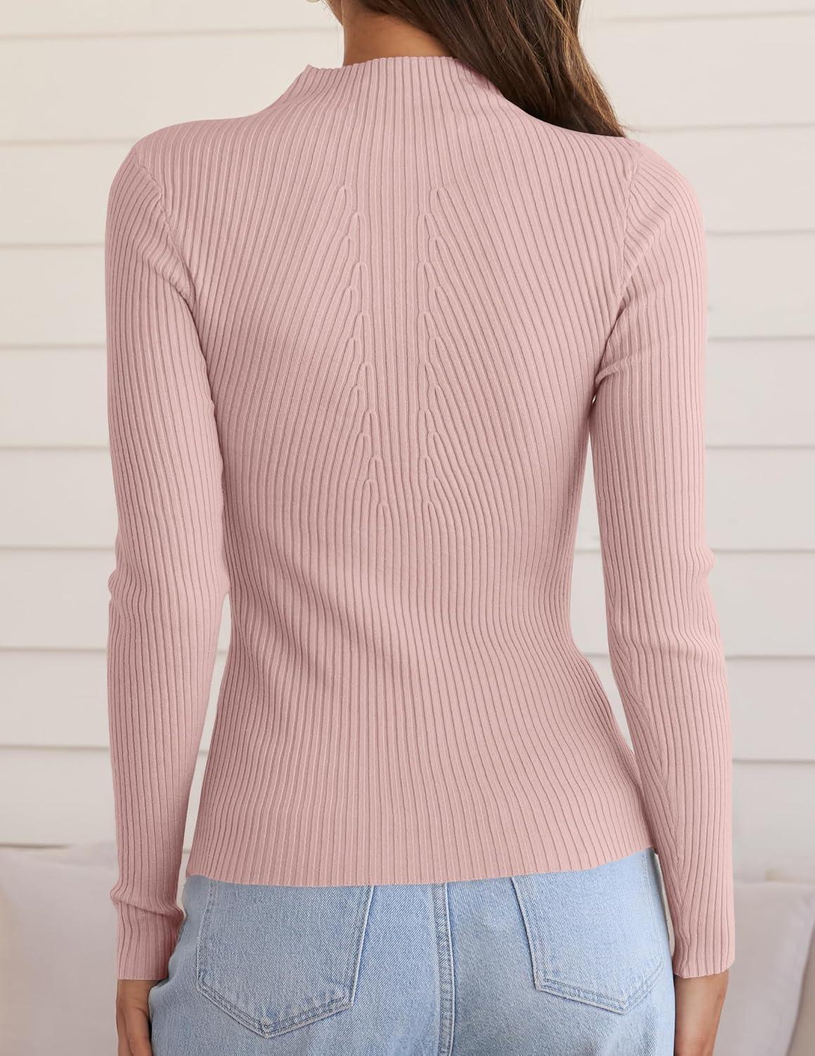 imageZESICA Womens Fall Long Sleeve Turtleneck T Shirt Ribbed Knit Sweater Slim Fit Basic Casual Tee TopsDustypink