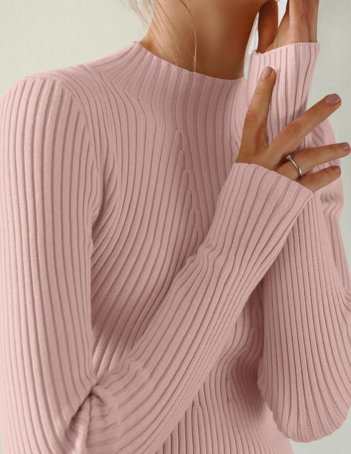imageZESICA Womens Fall Long Sleeve Turtleneck T Shirt Ribbed Knit Sweater Slim Fit Basic Casual Tee TopsDustypink