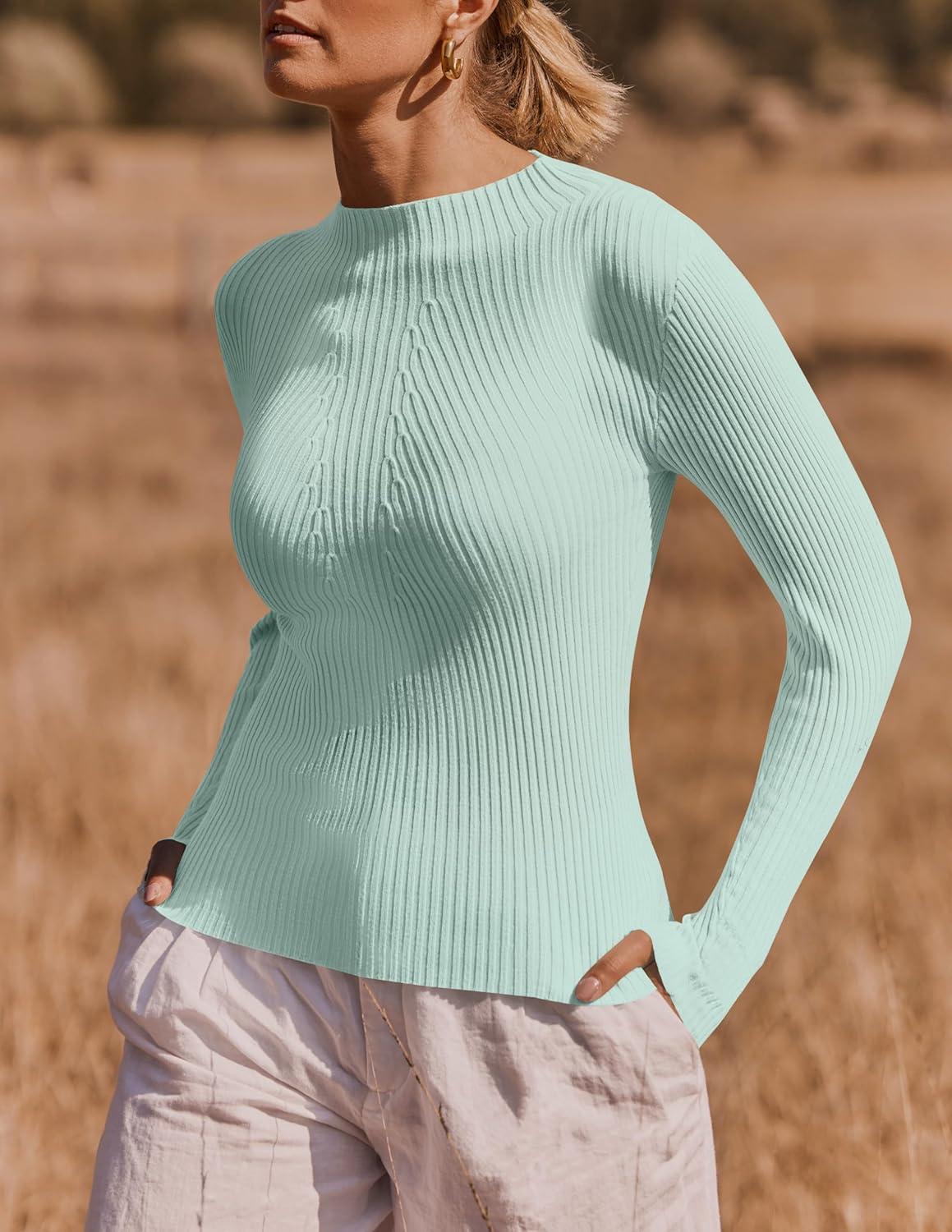 imageZESICA Womens Fall Long Sleeve Turtleneck T Shirt Ribbed Knit Sweater Slim Fit Basic Casual Tee TopsMint