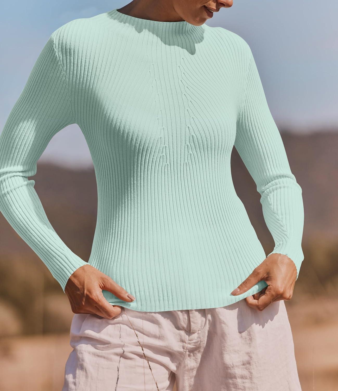imageZESICA Womens Fall Long Sleeve Turtleneck T Shirt Ribbed Knit Sweater Slim Fit Basic Casual Tee TopsMint