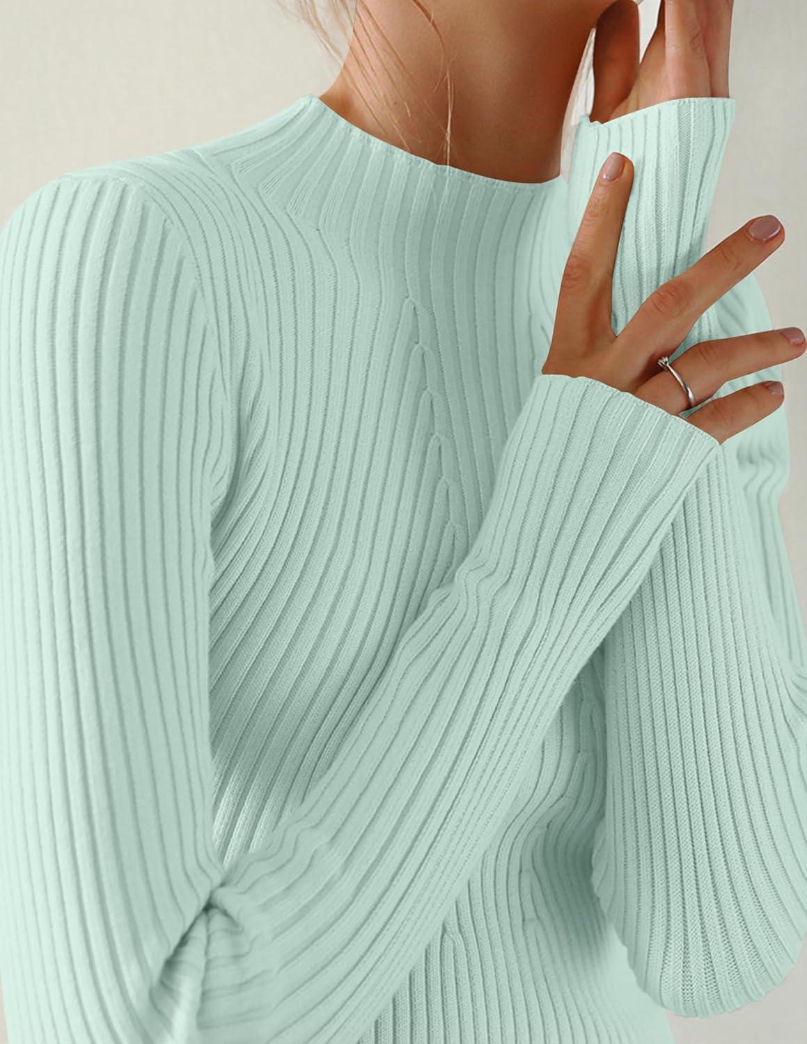 imageZESICA Womens Fall Long Sleeve Turtleneck T Shirt Ribbed Knit Sweater Slim Fit Basic Casual Tee TopsMint