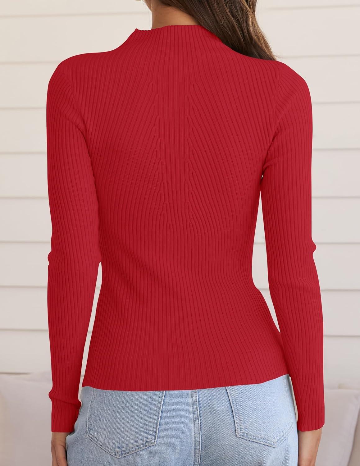 imageZESICA Womens Fall Long Sleeve Turtleneck T Shirt Ribbed Knit Sweater Slim Fit Basic Casual Tee TopsRed
