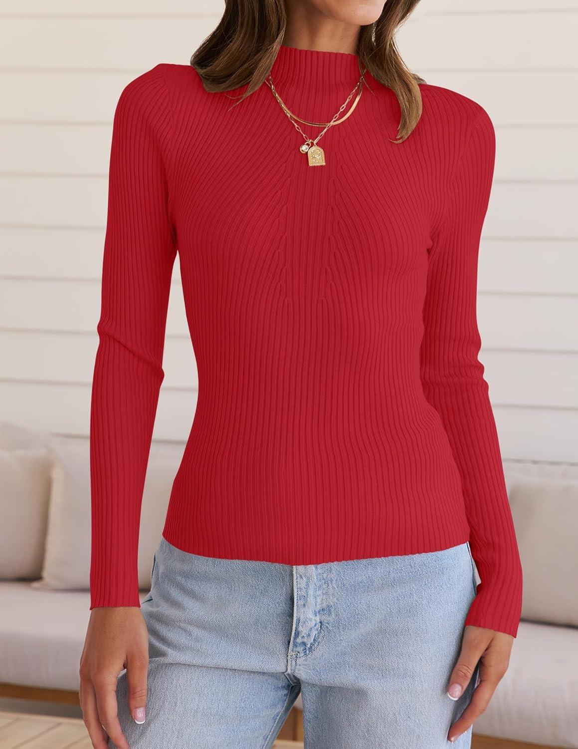 imageZESICA Womens Fall Long Sleeve Turtleneck T Shirt Ribbed Knit Sweater Slim Fit Basic Casual Tee TopsRed
