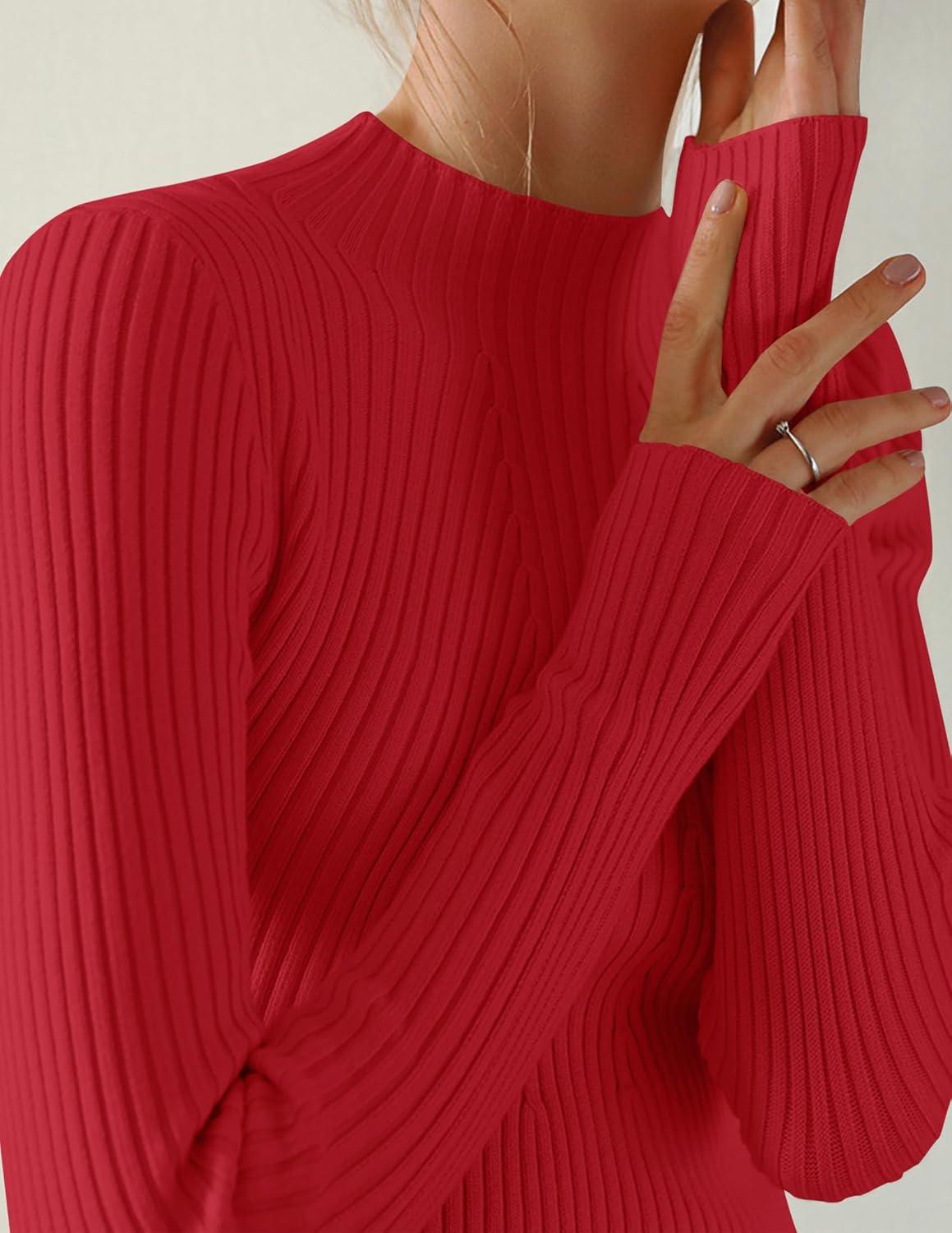 imageZESICA Womens Fall Long Sleeve Turtleneck T Shirt Ribbed Knit Sweater Slim Fit Basic Casual Tee TopsRed
