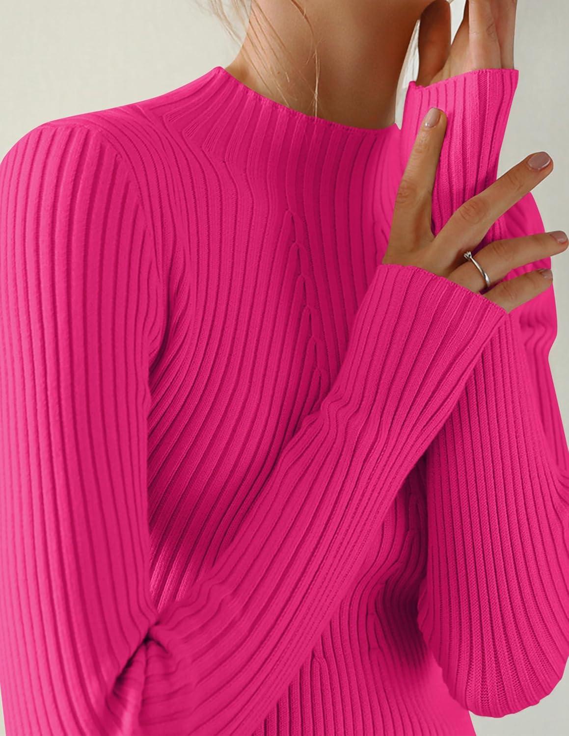 imageZESICA Womens Fall Long Sleeve Turtleneck T Shirt Ribbed Knit Sweater Slim Fit Basic Casual Tee TopsRose