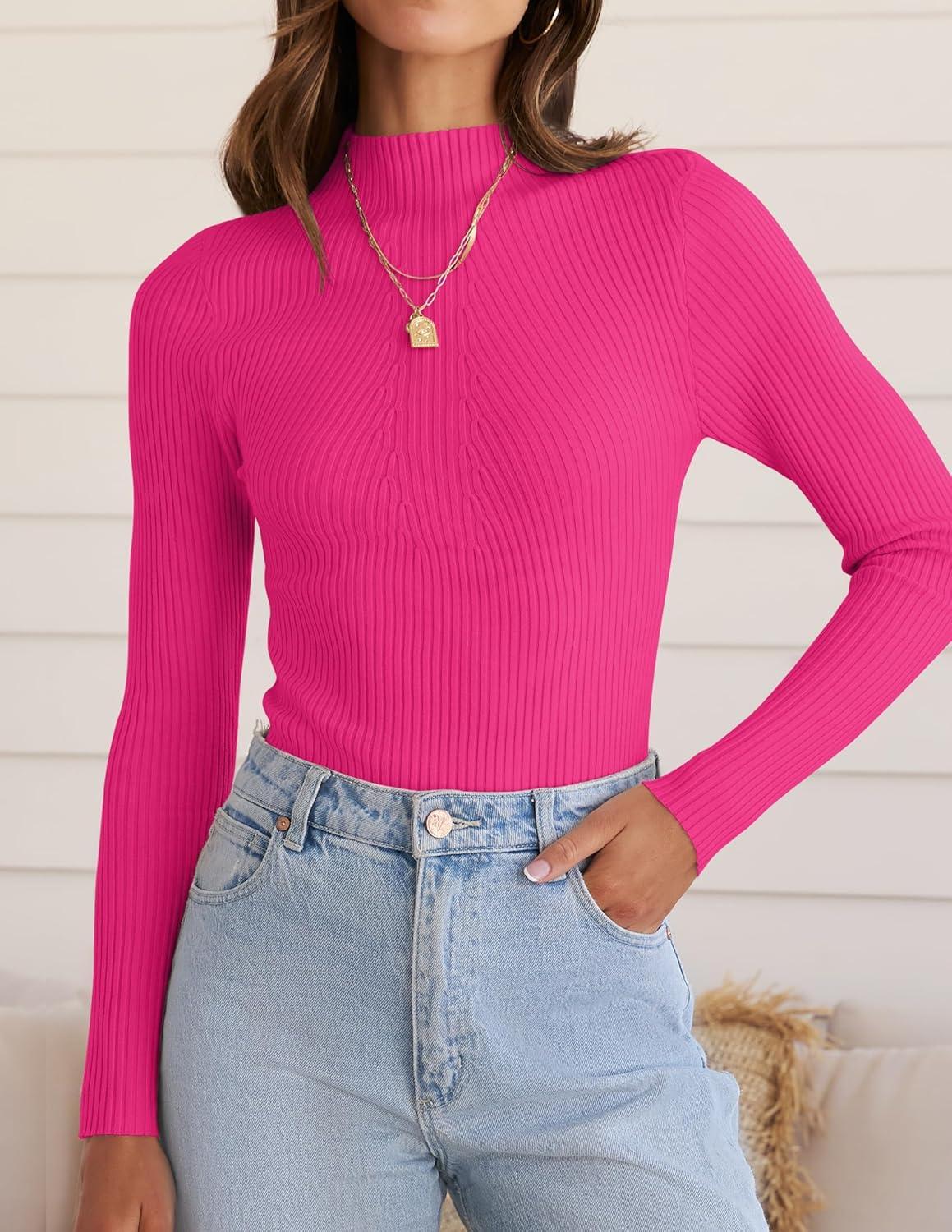 imageZESICA Womens Fall Long Sleeve Turtleneck T Shirt Ribbed Knit Sweater Slim Fit Basic Casual Tee TopsRose