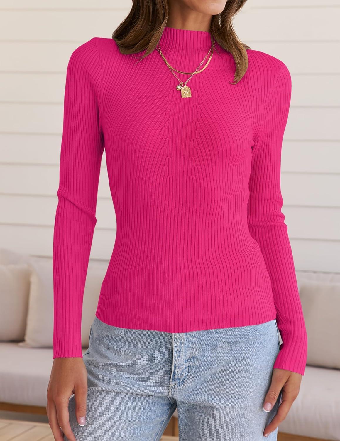 imageZESICA Womens Fall Long Sleeve Turtleneck T Shirt Ribbed Knit Sweater Slim Fit Basic Casual Tee TopsRose