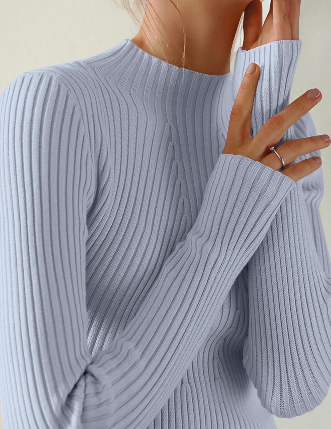 imageZESICA Womens Fall Long Sleeve Turtleneck T Shirt Ribbed Knit Sweater Slim Fit Basic Casual Tee TopsSky