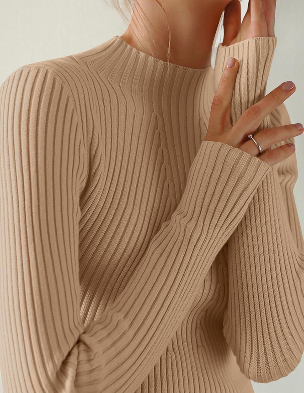 imageZESICA Womens Fall Long Sleeve Turtleneck T Shirt Ribbed Knit Sweater Slim Fit Basic Casual Tee TopsToffee