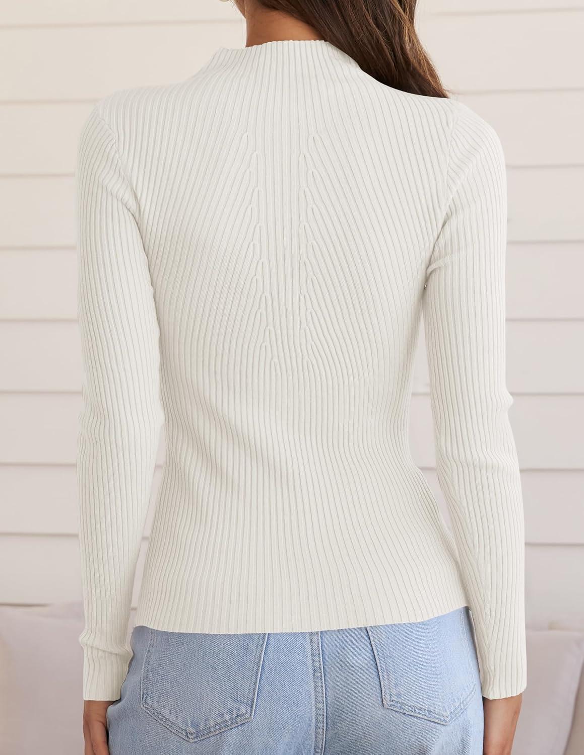 imageZESICA Womens Fall Long Sleeve Turtleneck T Shirt Ribbed Knit Sweater Slim Fit Basic Casual Tee TopsWhite