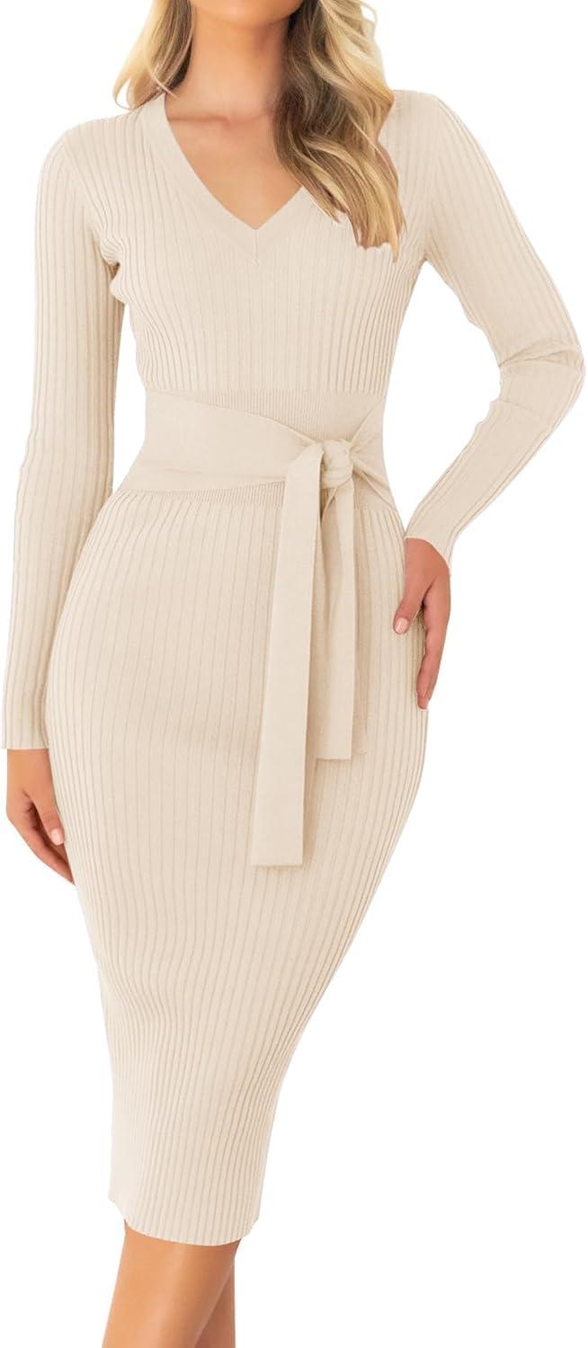 imageZESICA Womens Fall Sweater Dress V Neck Long Sleeve Ribbed Knit Tie Waist Bodycon Slim Fit Midi DressesApricot