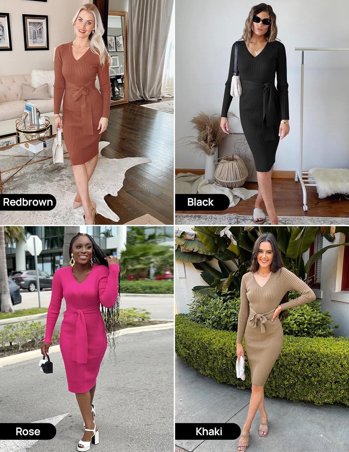 imageZESICA Womens Fall Sweater Dress V Neck Long Sleeve Ribbed Knit Tie Waist Bodycon Slim Fit Midi DressesApricot