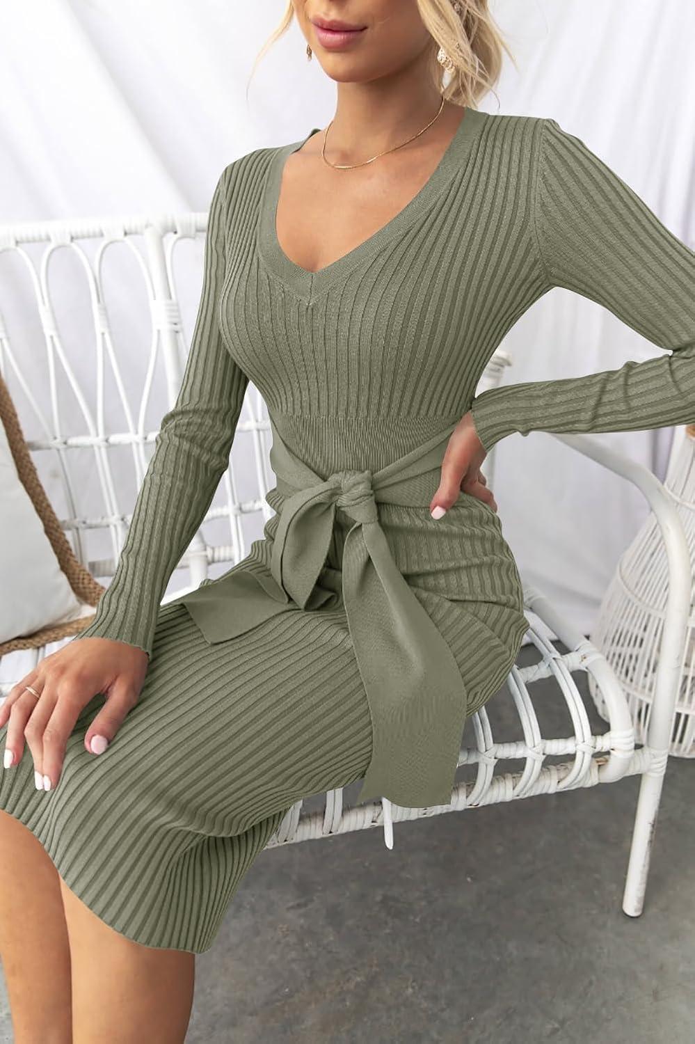 imageZESICA Womens Fall Sweater Dress V Neck Long Sleeve Ribbed Knit Tie Waist Bodycon Slim Fit Midi DressesArmygreen