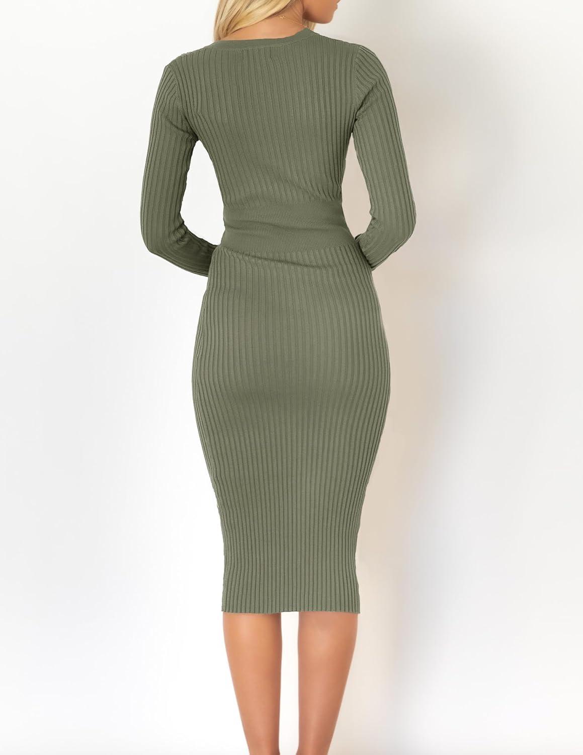 imageZESICA Womens Fall Sweater Dress V Neck Long Sleeve Ribbed Knit Tie Waist Bodycon Slim Fit Midi DressesArmygreen