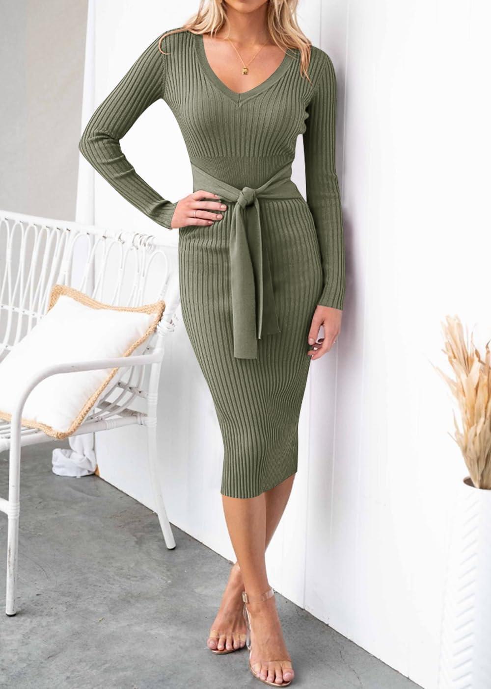 imageZESICA Womens Fall Sweater Dress V Neck Long Sleeve Ribbed Knit Tie Waist Bodycon Slim Fit Midi DressesArmygreen