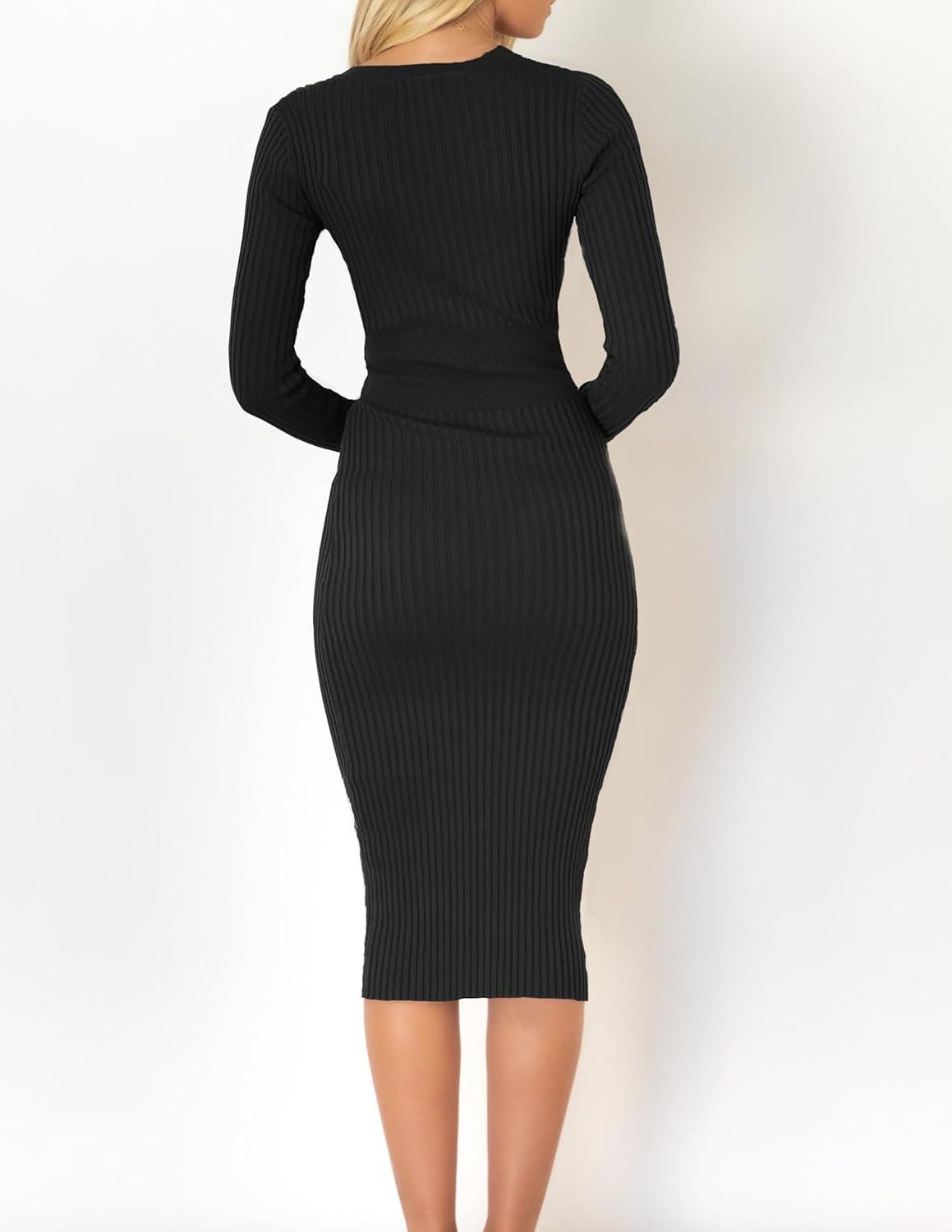 imageZESICA Womens Fall Sweater Dress V Neck Long Sleeve Ribbed Knit Tie Waist Bodycon Slim Fit Midi DressesBlack