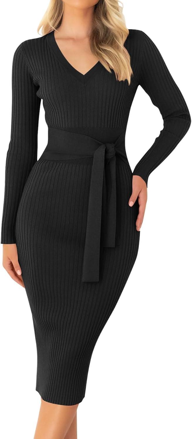 imageZESICA Womens Fall Sweater Dress V Neck Long Sleeve Ribbed Knit Tie Waist Bodycon Slim Fit Midi DressesBlack